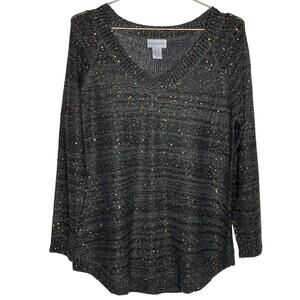Soft Surroundings Womens Petite Medium Gray Tunic Sweater Gold Sequins V‎ Neck